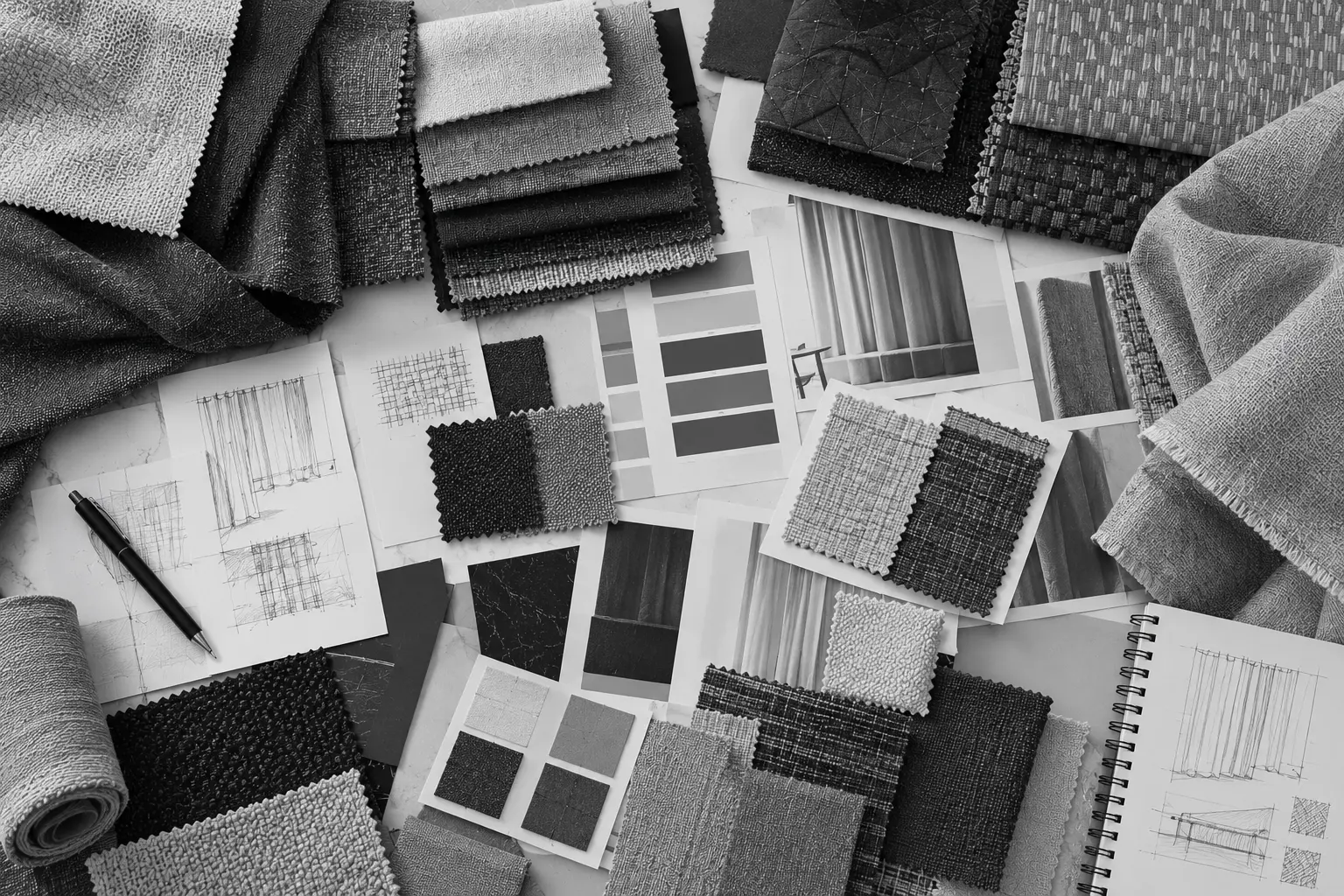 Design table with fabric swatches, colour cards and curtain sketches